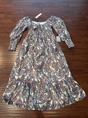 NSR Smocked Paisley Midi Dress in Cream and Blue, Size Medium, NWT!